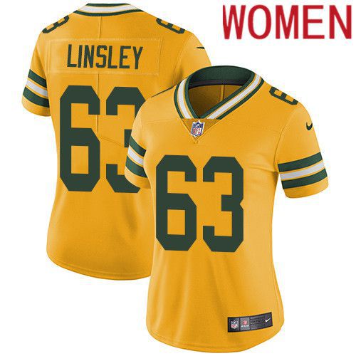 Women Green Bay Packers #63 Corey Linsley Yellow Nike Vapor Limited NFL Jersey->women nfl jersey->Women Jersey